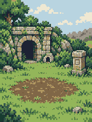 石のアーチと緑が戻った庫の入口の昼の風景